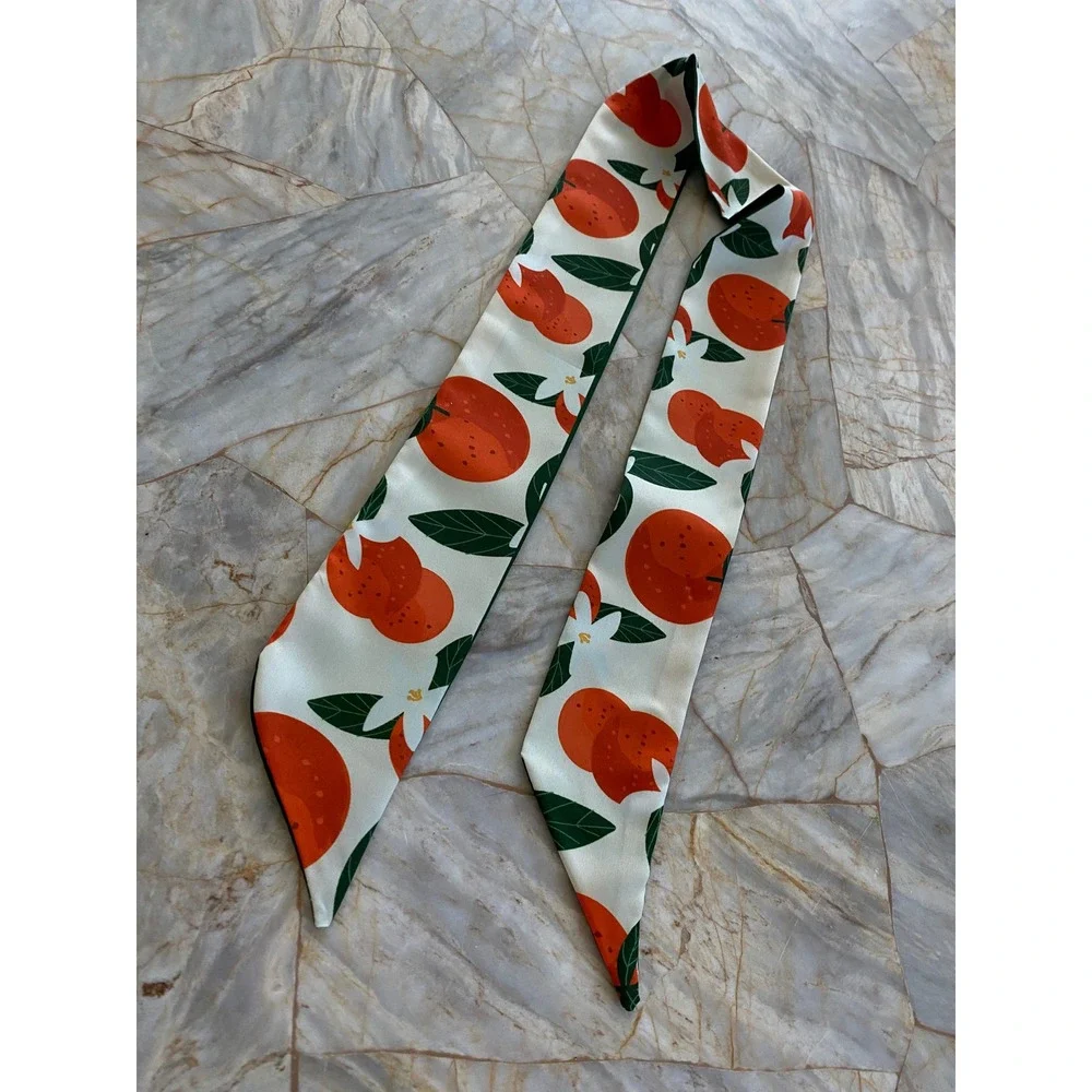 Orange Citrus Floral Love Yourself Green Skinny Scarf Twilly Bag Accessory
